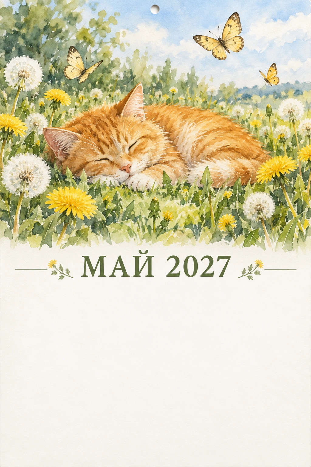 Май: кот в одуванчиках
