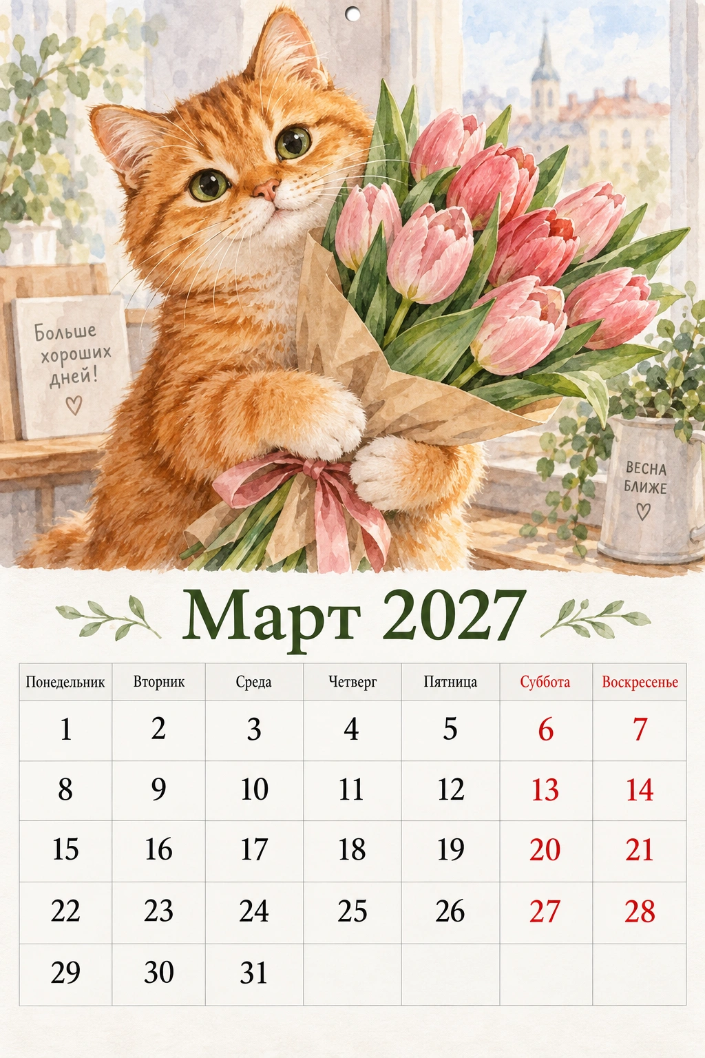 Март 2027 с готовой сеткой