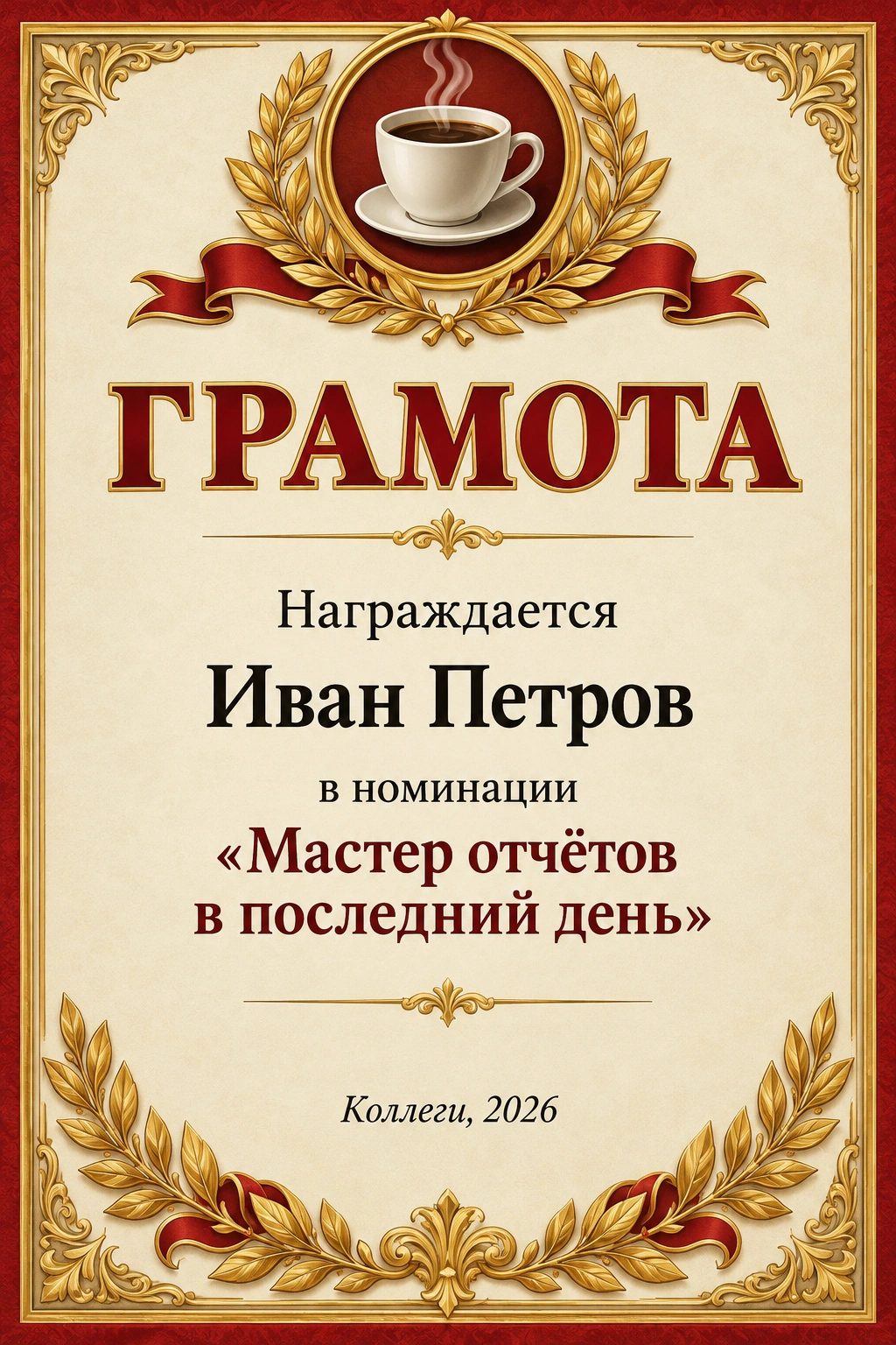 Шуточная грамота коллеге